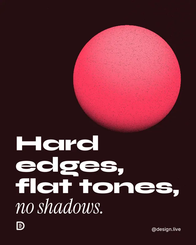 Instagram portrait post for design.live: "Hard edges, flat tones, no shadows." Auto 4x5 style, technique:shader field layout, dark palette in black, red.