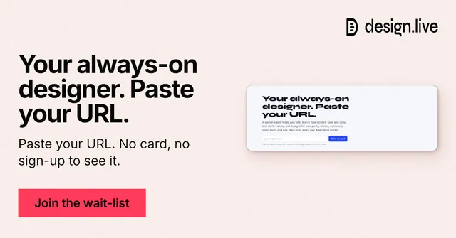 Social ad for design.live: "Your always-on designer. Paste your URL." Swiss style, bottom layout, light palette in white, red.