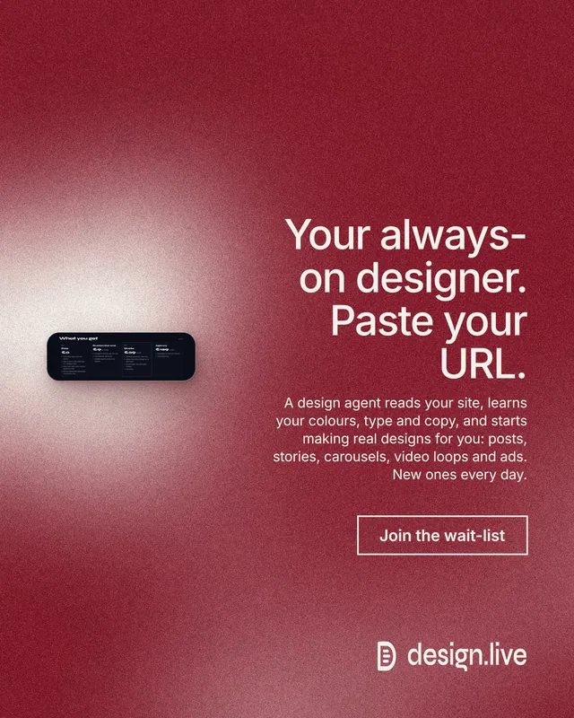 Instagram portrait post for design.live: "Your always-on designer. Paste your URL." Cyanotype style, right layout, dark palette in red.