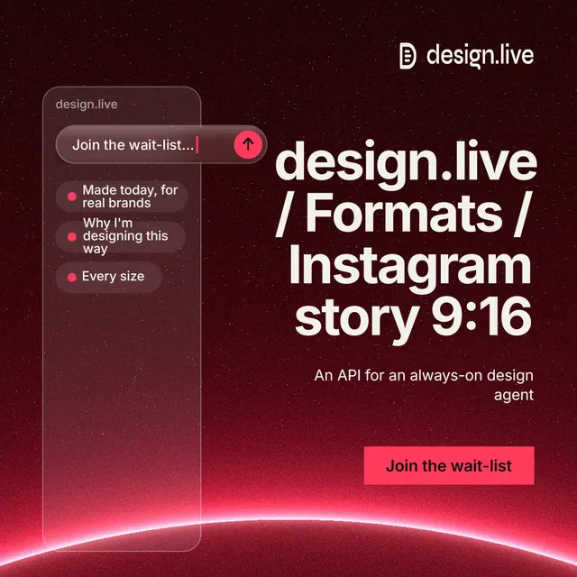 Instagram post for design.live: "design.live / Formats / Instagram story 9:16". Swiss style, right layout, dark palette in black, red.
