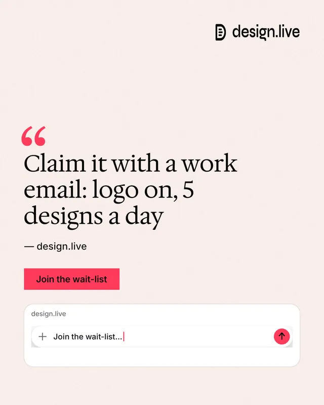 Instagram portrait post for design.live: "Claim it with a work email: logo on, 5 designs a day". Swiss style, quote layout, light palette in white, red.