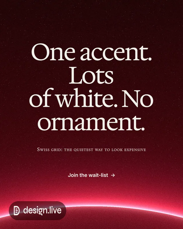 Instagram portrait post for design.live: "One accent. Lots of white. No ornament." Swiss style, smallcaps layout, dark palette in black, red.