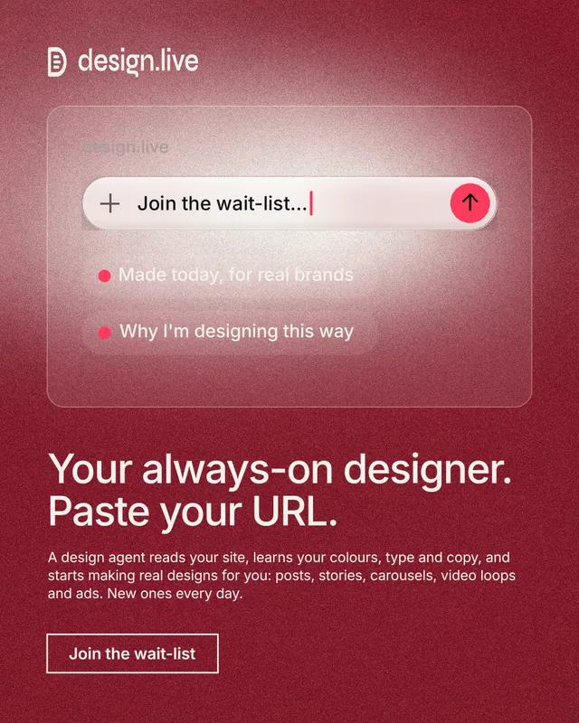 Instagram portrait post for design.live: "Your always-on designer. Paste your URL." Cyanotype style, bottom layout, dark palette in red.