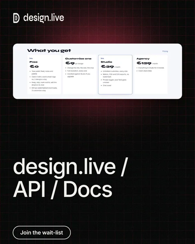 Instagram portrait post for design.live: "design.live / API / Docs". Phosphor atlas style, bottom layout, dark palette in black, white, grey.