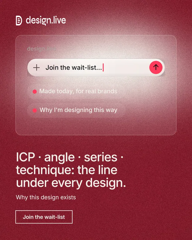 Instagram portrait post for design.live: "ICP · angle · series · technique: the line under every design." Cyanotype style, bottom layout, dark palette in red.