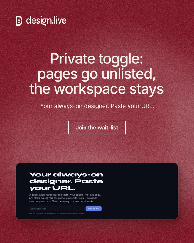 Instagram portrait post for design.live: "Private toggle: pages go unlisted, the workspace stays". Cyanotype style, centred layout, dark palette in red.
