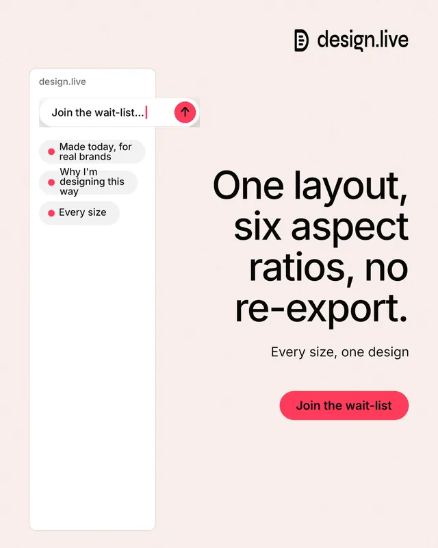 Instagram portrait post for design.live: "One layout, six aspect ratios, no re-export." Data card style, right layout, light palette in white, red.