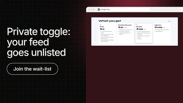 Landscape graphic for design.live: "Private toggle: your feed goes unlisted". Phosphor atlas style, browser layout, dark palette in red, black, white.