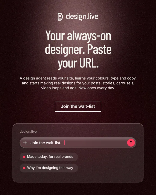 Instagram portrait post for design.live: "Your always-on designer. Paste your URL." Dark deco style, centred layout, dark palette in red, black, grey.