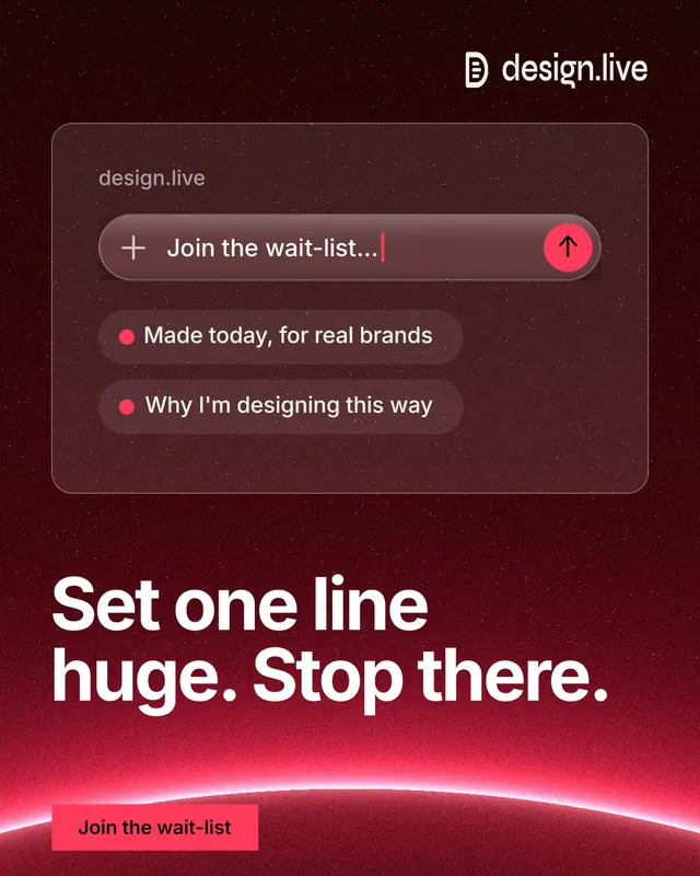 Instagram portrait post for design.live: "Set one line huge. Stop there." Swiss style, bottom layout, dark palette in red, black.