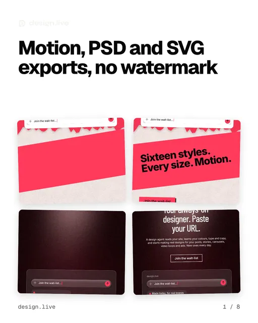Carousel for design.live: "Motion, PSD and SVG exports, no watermark". Collection carousel, 8 slides, light palette.