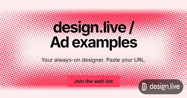 Social ad for design.live: "design.live / Ad examples". Swiss style, centred layout, light palette in red, white.
