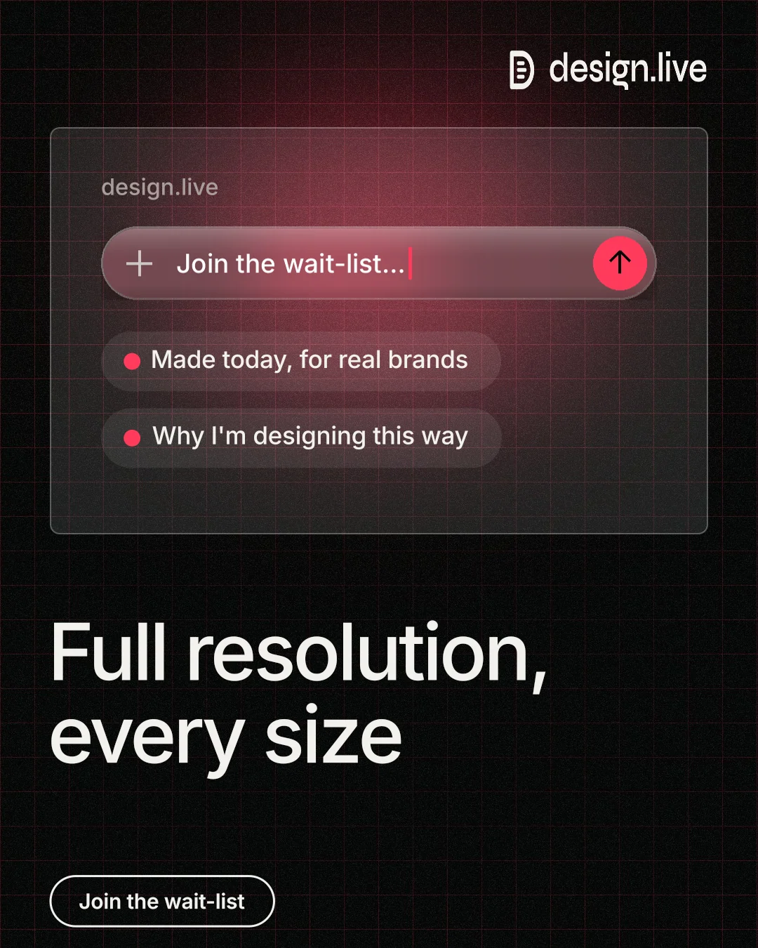 Instagram portrait post for design.live: "Full resolution, every size". Phosphor atlas style, bottom layout, dark palette in black, grey.