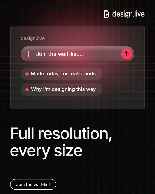 Instagram portrait post for design.live: "Full resolution, every size". Phosphor atlas style, bottom layout, dark palette in black, grey.