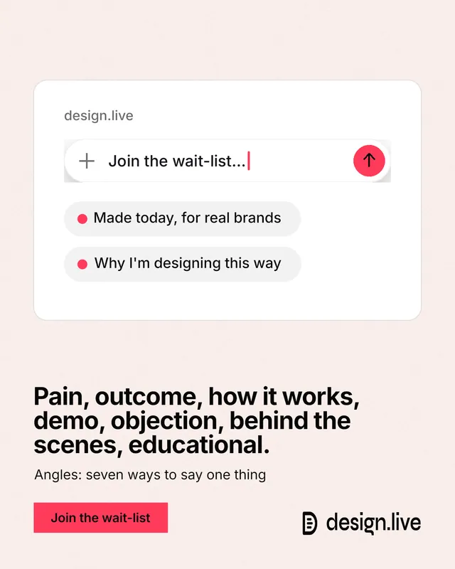 Instagram portrait post for design.live: "Pain, outcome, how it works, demo, objection, behind the scenes, educational." Swiss style, bottom layout, light palette in white, red.