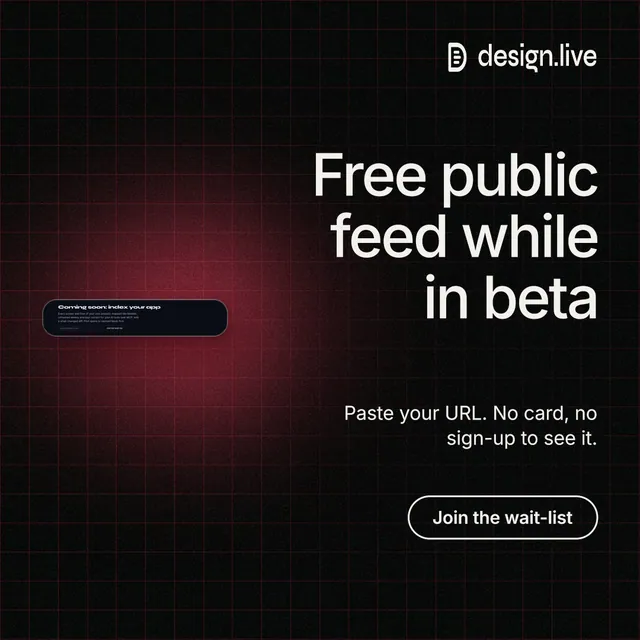 Instagram post for design.live: "Free public feed while in beta". Phosphor atlas style, right layout, dark palette in black, red, grey.