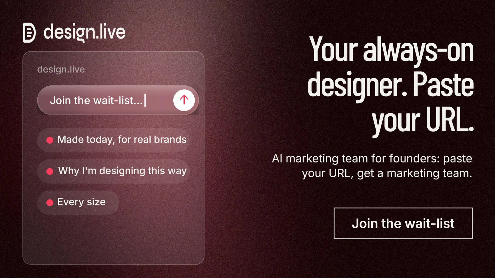 Landscape graphic for design.live: "Your always-on designer. Paste your URL." Dark deco style, right layout, dark palette in black, red, grey.
