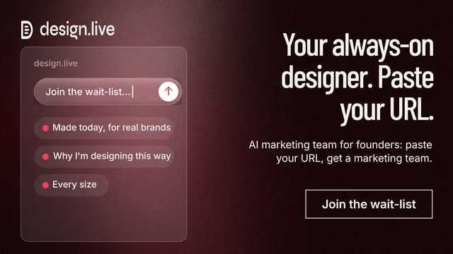 Landscape graphic for design.live: "Your always-on designer. Paste your URL." Dark deco style, right layout, dark palette in black, red, grey.