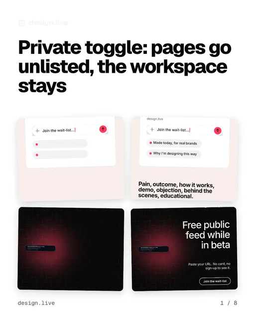 Carousel for design.live: "Private toggle: pages go unlisted, the workspace stays". Collection carousel, 8 slides, light palette.