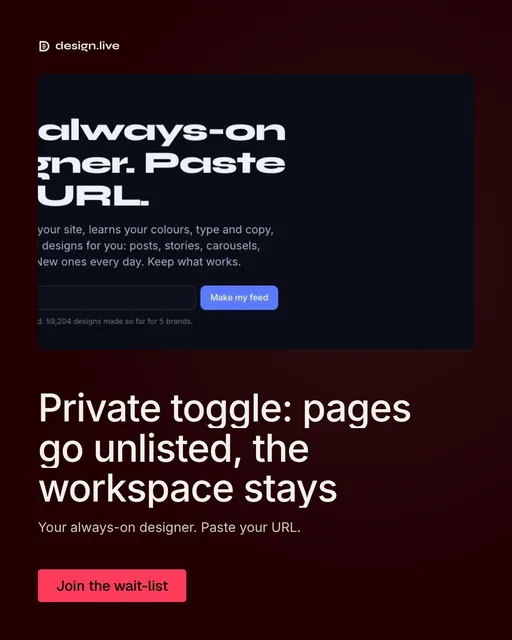 Video for design.live: "Private toggle: pages go unlisted, the workspace stays". Doc motion loop, 8.0 s, dark palette.