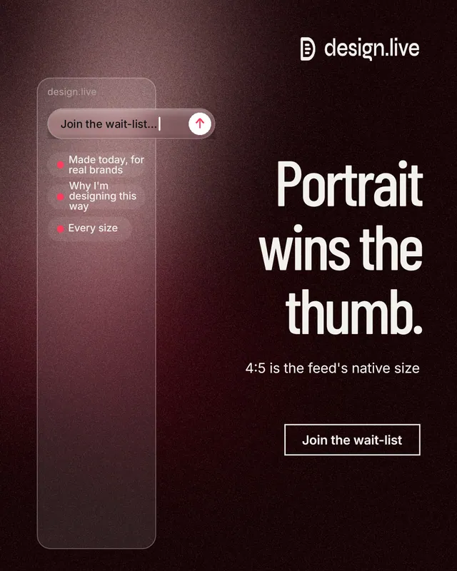 Instagram portrait post for design.live: "Portrait wins the thumb." Dark deco style, right layout, dark palette in red, black, grey.