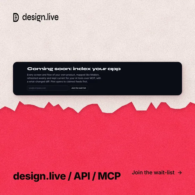 Instagram post for design.live: "design.live / API / MCP". Paper trio style, image led layout, light palette in red, orange.