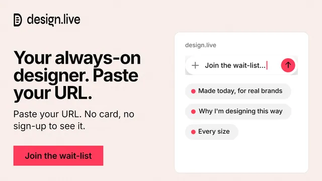 Landscape graphic for design.live: "Your always-on designer. Paste your URL." Swiss style, bottom layout, light palette in white, red.