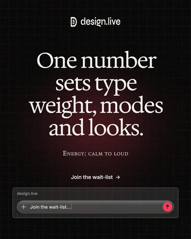 Instagram portrait post for design.live: "One number sets type weight, modes and looks." Phosphor atlas style, smallcaps layout, dark palette in black, grey.