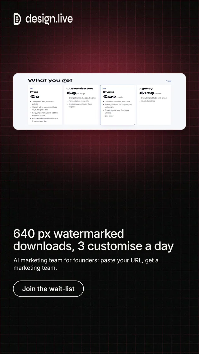 Instagram story for design.live: "640 px watermarked downloads, 3 customise a day". Phosphor atlas style, bottom layout, dark palette in red, black, grey.