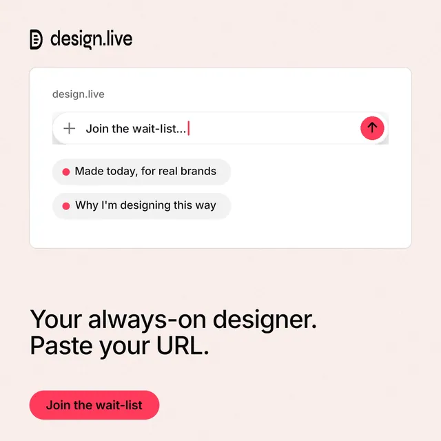 Instagram post for design.live: "Your always-on designer. Paste your URL." Data card style, bottom layout, light palette in white, red.