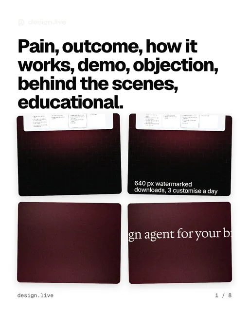 Carousel for design.live: "Pain, outcome, how it works, demo, objection, behind the scenes, educational.". Collection carousel, 8 slides, light palette.