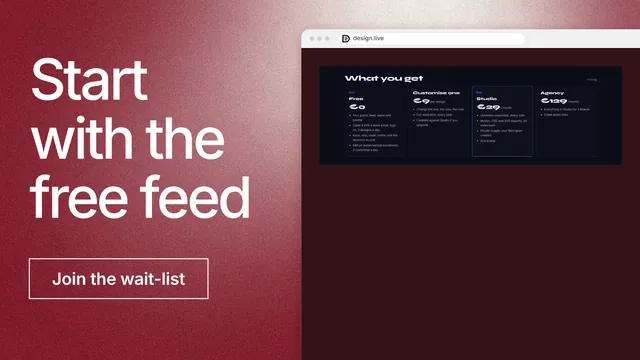 Landscape graphic for design.live: "Start with the free feed". Cyanotype style, browser layout, dark palette in red, black.