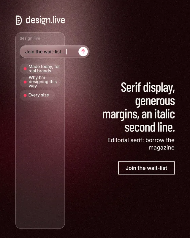 Instagram portrait post for design.live: "Serif display, generous margins, an italic second line." Dark deco style, right layout, dark palette in red, black, grey.