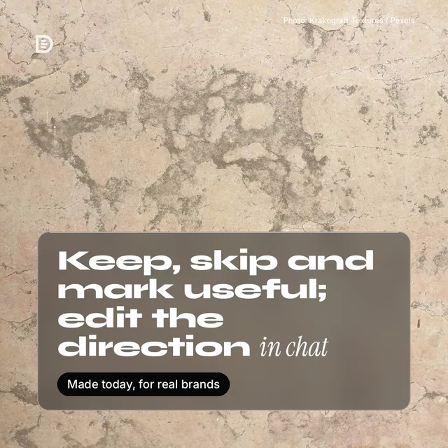 Instagram post for design.live: "Keep, skip and mark useful; edit the direction in chat". Glass style, technique:pexels ingredient layout, light palette in grey, orange.