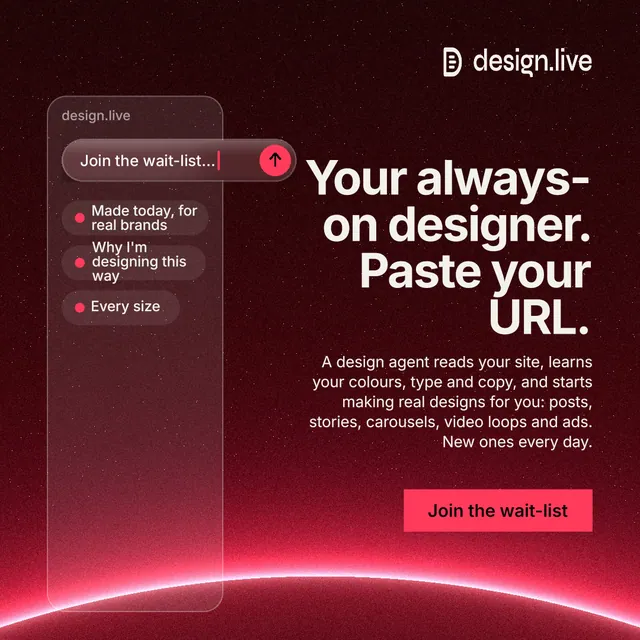 Instagram post for design.live: "Your always-on designer. Paste your URL." Swiss style, right layout, dark palette in red, black.