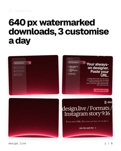 Carousel for design.live: "640 px watermarked downloads, 3 customise a day". Collection carousel, 8 slides, light palette.