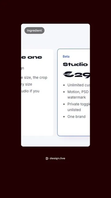 Video for design.live: "640 px watermarked downloads, 3 customise a day". Before after wipe, 6.0 s, dark palette.