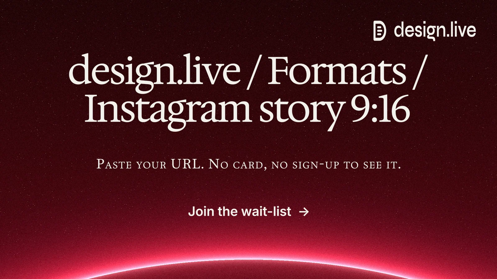 Landscape graphic for design.live: "design.live / Formats / Instagram story 9:16". Swiss style, smallcaps layout, dark palette in black, red.