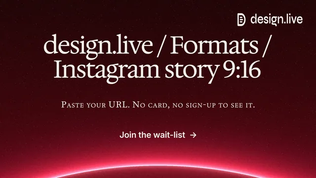 Landscape graphic for design.live: "design.live / Formats / Instagram story 9:16". Swiss style, smallcaps layout, dark palette in black, red.