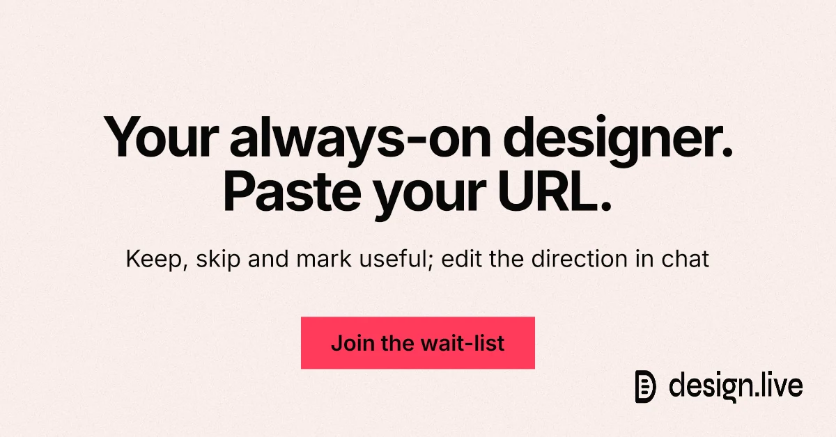 Social ad for design.live: "Your always-on designer. Paste your URL." Swiss style, centred layout, light palette in white, red.