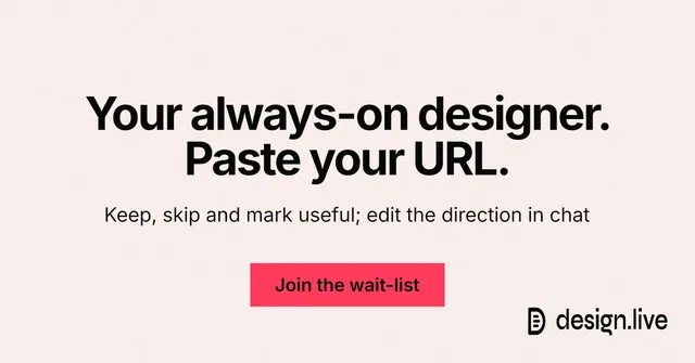 Social ad for design.live: "Your always-on designer. Paste your URL." Swiss style, centred layout, light palette in white, red.