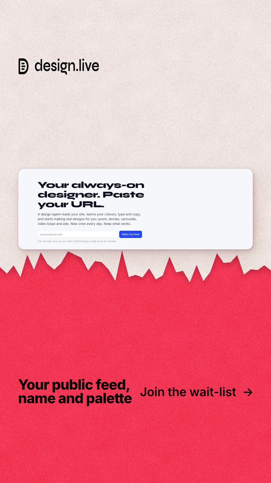 Instagram story for design.live: "Your public feed, name and palette". Paper trio style, image led layout, light palette in red, orange, white.