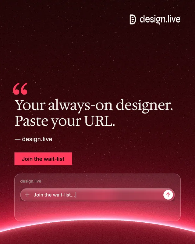 Instagram portrait post for design.live: "Your always-on designer. Paste your URL." Swiss style, quote layout, dark palette in black, red.