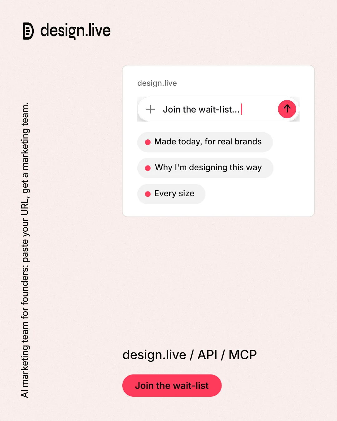 Instagram portrait post for design.live: "AI marketing team for founders: paste your URL, get a marketing team." Data card style, vertical layout, light palette in white, red.