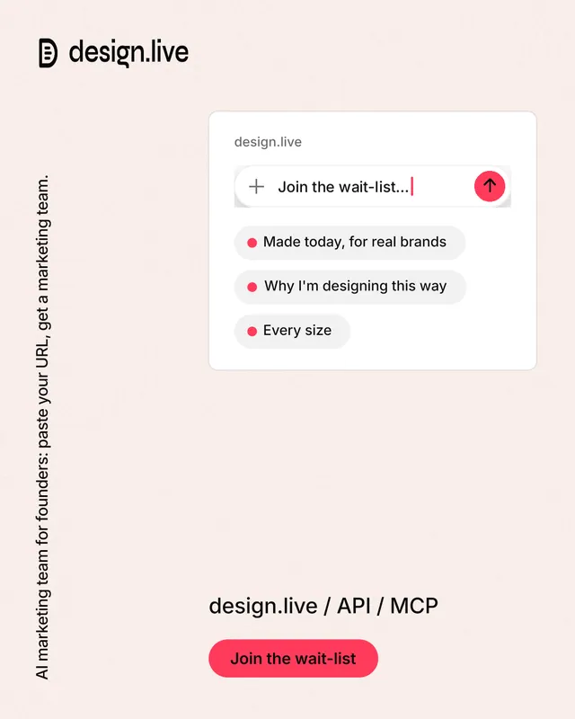 Instagram portrait post for design.live: "AI marketing team for founders: paste your URL, get a marketing team." Data card style, vertical layout, light palette in white, red.