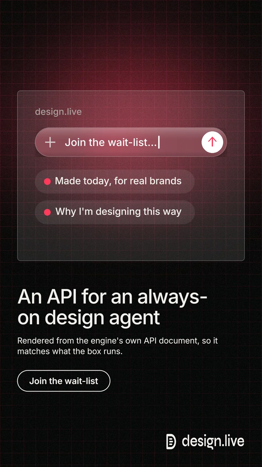 Instagram story for design.live: "An API for an always-on design agent". Phosphor atlas style, bottom layout, dark palette in red, black.