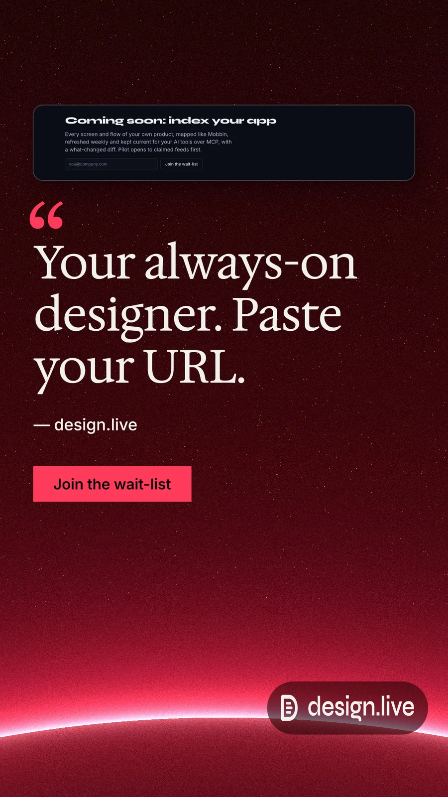 Instagram story for design.live: "Your always-on designer. Paste your URL." Swiss style, quote layout, dark palette in black, red.