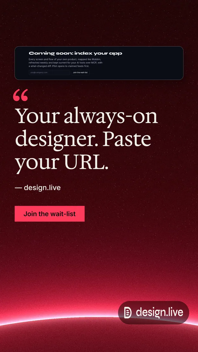 Instagram story for design.live: "Your always-on designer. Paste your URL." Swiss style, quote layout, dark palette in black, red.