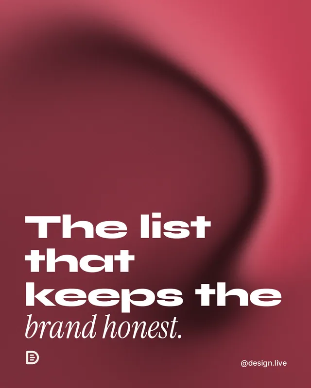Instagram portrait post for design.live: "The list that keeps the brand honest." Auto 4x5 style, technique:shader field layout, dark palette in red.