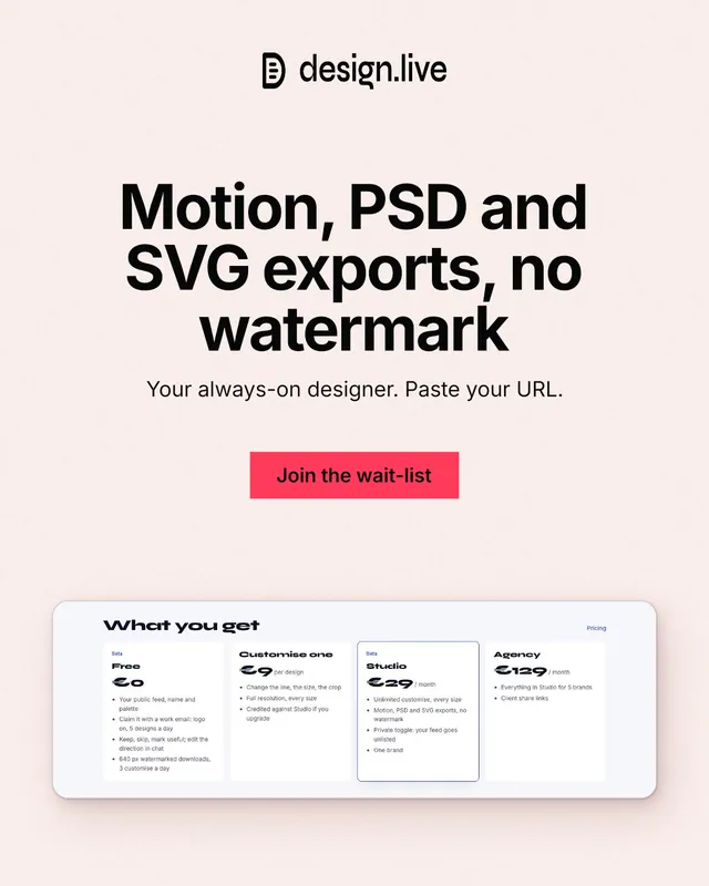 Instagram portrait post for design.live: "Motion, PSD and SVG exports, no watermark". Swiss style, centred layout, light palette in white, grey.